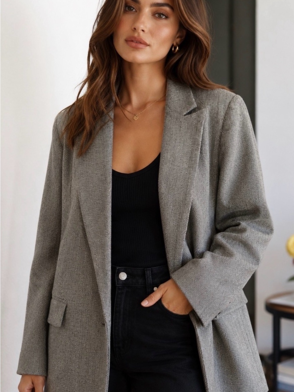 Zara Gray Herringbone Blazer Jacket
